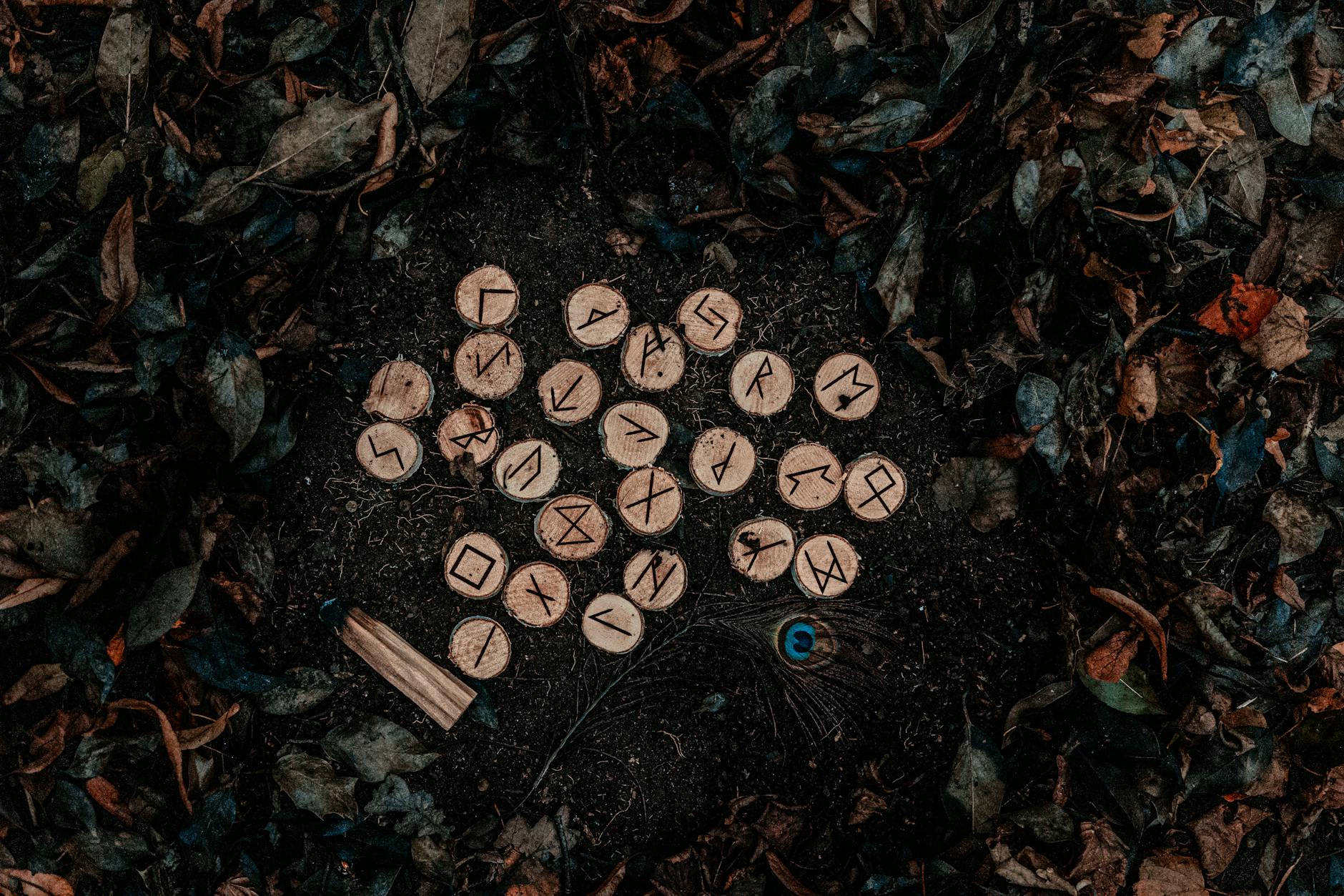 runic letters on wood chunks and ground with autumn leaves, illustrating: Mabon divination, inner wisdom, Tarot spread, harvest reflection, and the Autumn Equinox