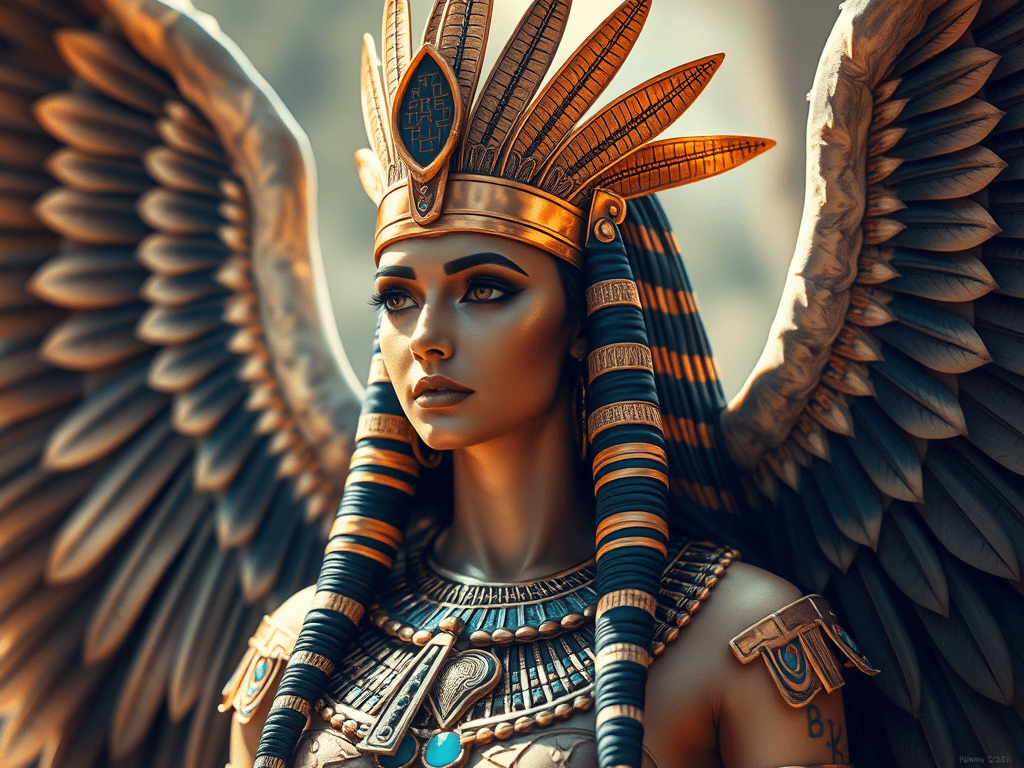 Ma'at, winged and regal, illustrating: Ma'at, Egyptian goddess, Libra archetype, goddess of truth, cosmic harmony, and balance