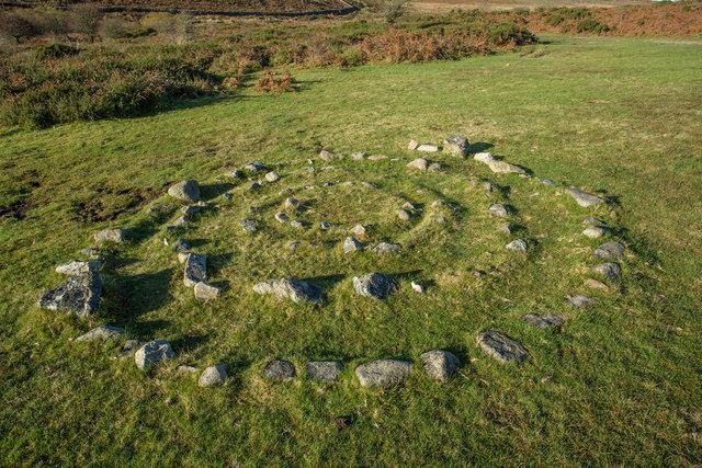 Stone Spiral by path to Blackslade Ford, evoking: Year and a Day, Witches' New Year, devotional practice, spiritual commitment, and spiritual growth