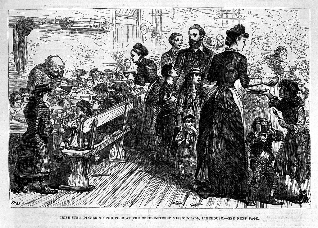 Irish-stew dinners for the poor, illustrating: Samhain, Harvest Season, Stew Recipe, Nourishing Dish, and a Samhain Feast