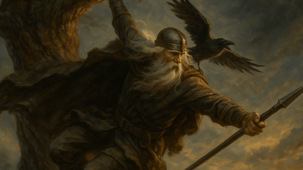 Odin takes flight, evoking: Odin, Norse God, Sagittarius, wisdom, and wandering