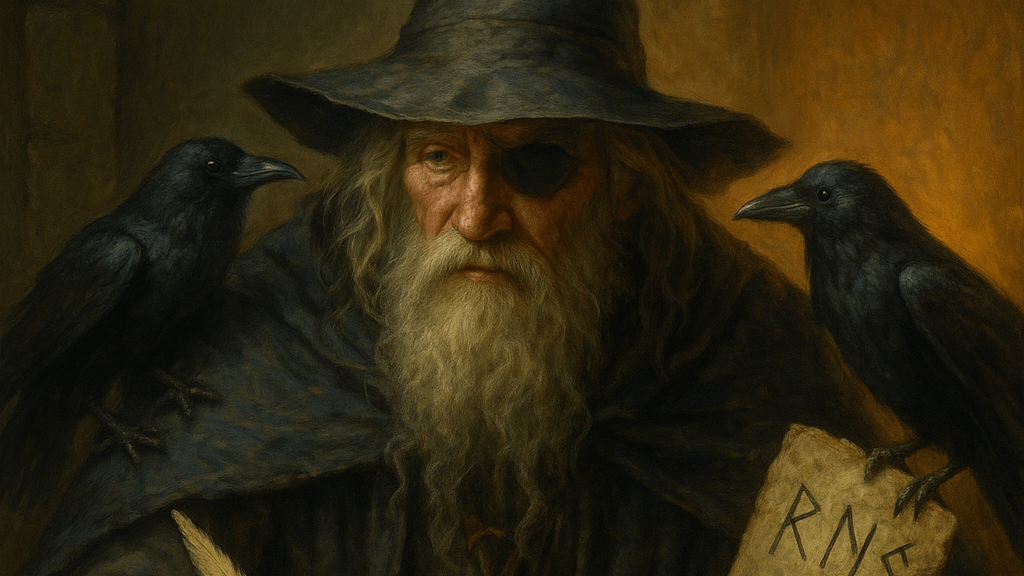 Odin with eyepatch, evoking: Odin, Norse God, Sagittarius, wisdom, and wandering
