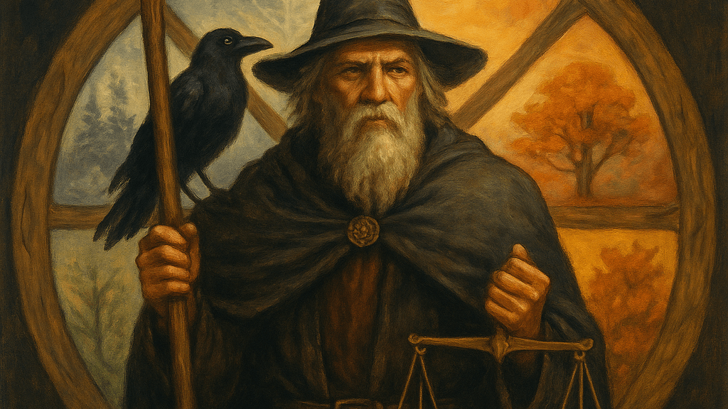 Odin in wheel , evoking: Odin, Norse God, Sagittarius, wisdom, and wandering
