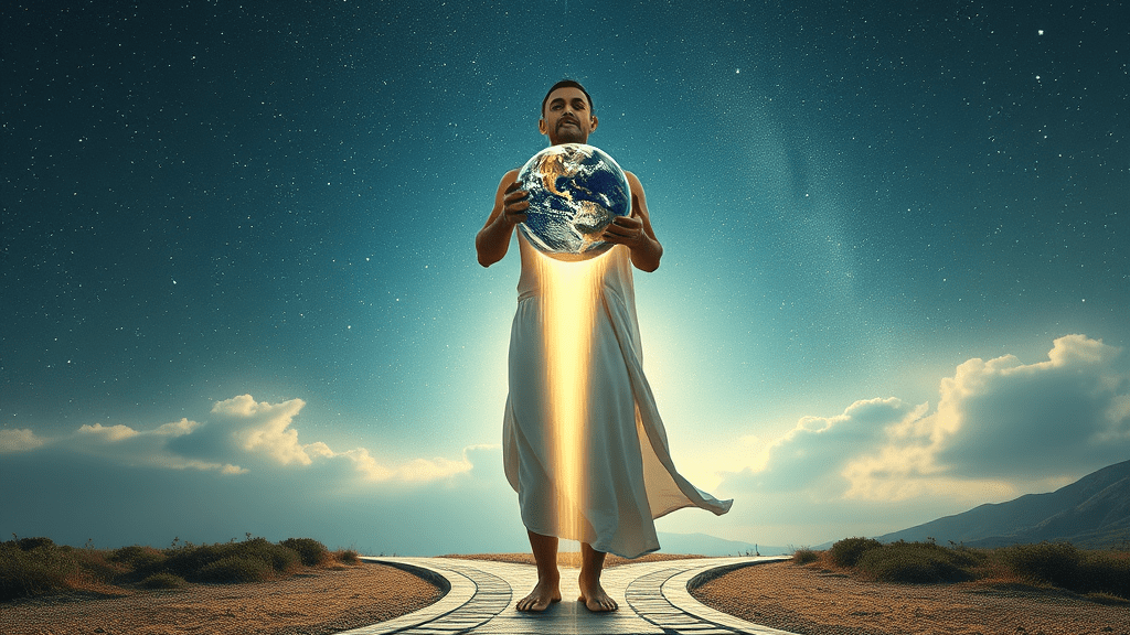 Earth at crossroads, illustrating: Prometheus, Aquarius, divine intermediary, Greek mythology, and titan archetypes