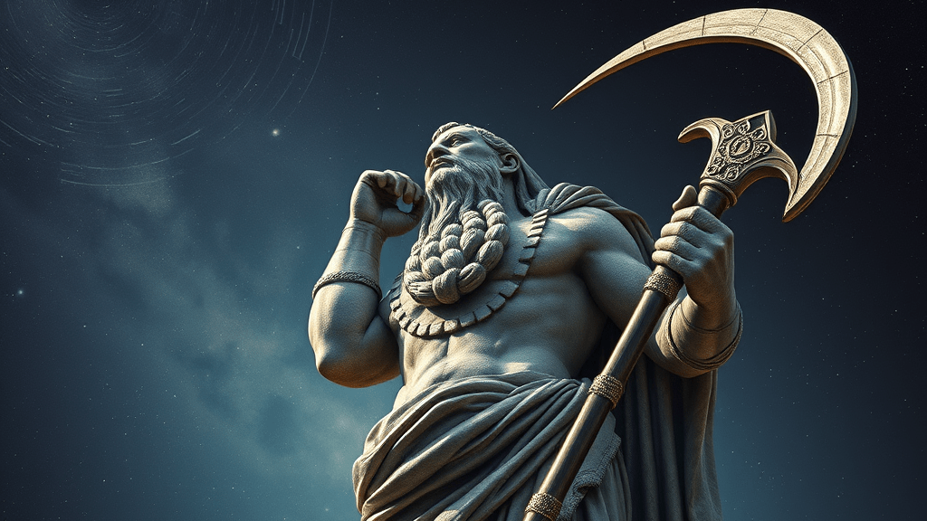 Cronos and the Scythe of Time, illustrating: Cronos, Capricorn archetype, Saturn mythology, time and astrology, and Capricorn season