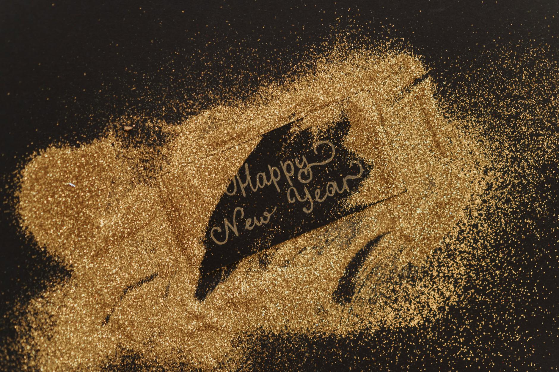 happy new year greeting card with glitters, evoking: New Year, Full Moon, Cancer energy, new beginnings, and layers of change