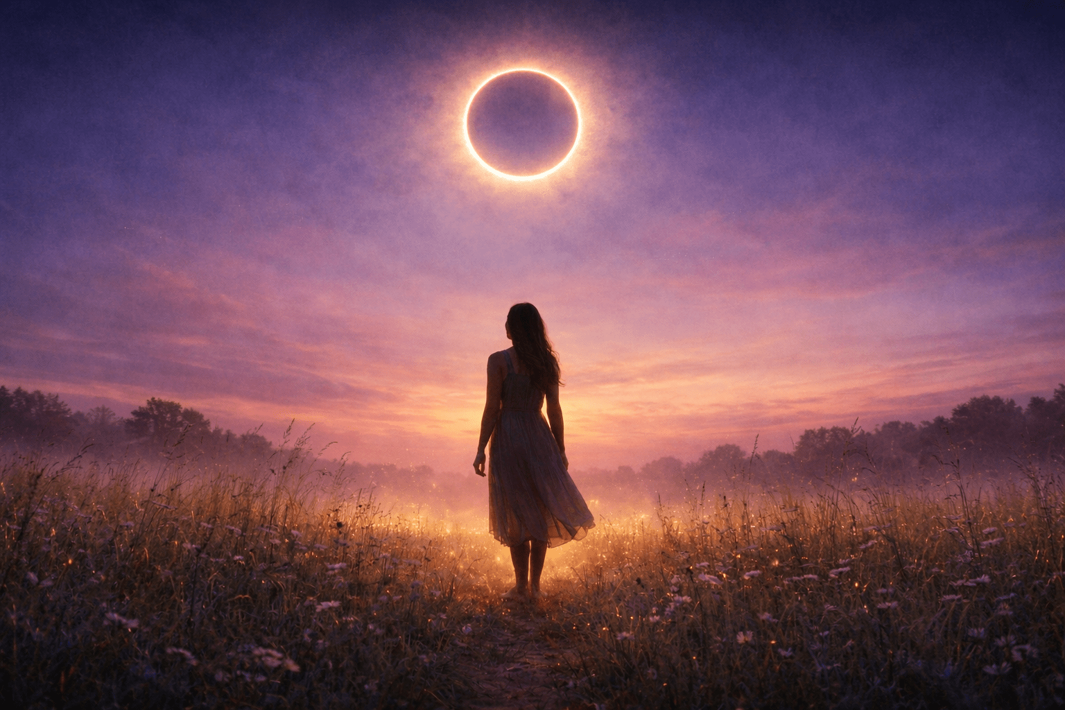 Woman under an eclipse, evoking: eclipse, Aquarius, Feminine Power, Reclaiming, and Becoming