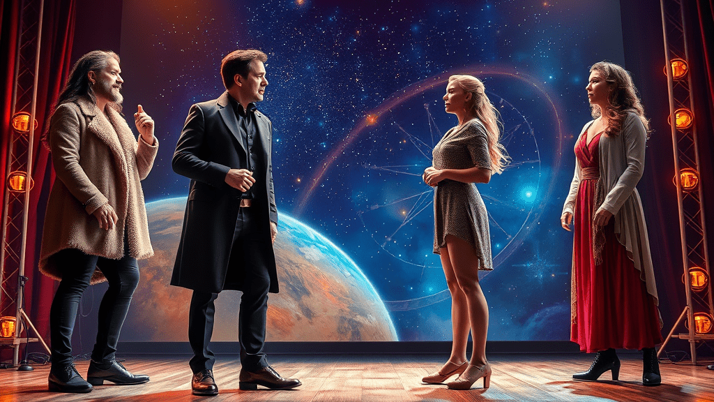 Actors on a cosmic stage, representing planetary dynamics, evoking: astrology, natal chart, aspects, transits, and returns