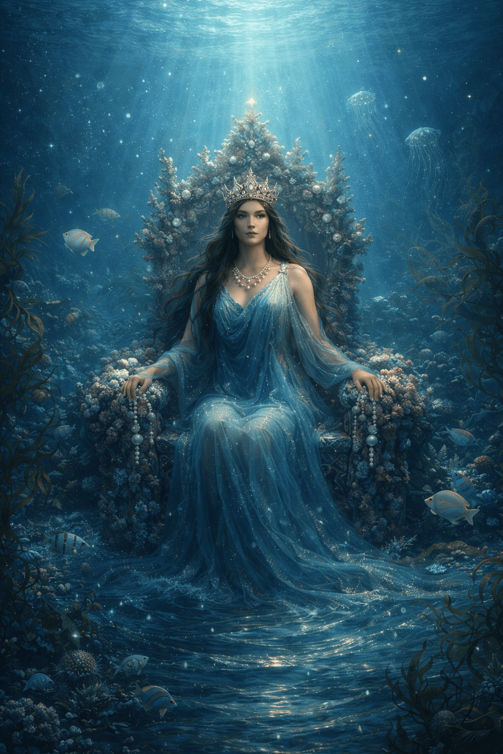 Goddess of the Seas, evoking: Amphitrite, Pisces, sovereign, continuity, and rhythmic nature