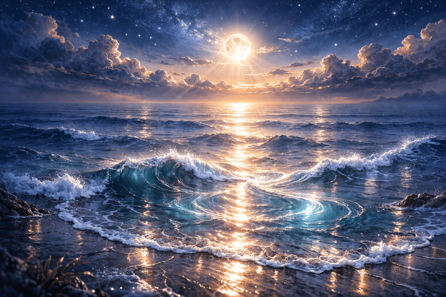 Moonlit Tides, evoking: Amphitrite, Pisces, sovereign, continuity, and rhythmic nature