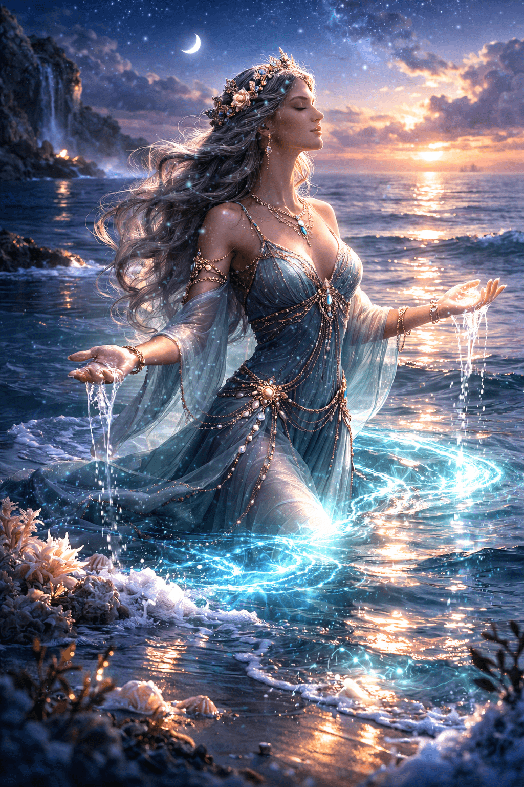 Oceanic Goddess, evoking: Amphitrite, Pisces, sovereign, continuity, and rhythmic nature