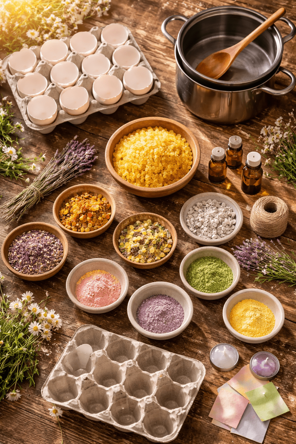 Craft supplies, evoking: ostara eggshell candles, ostara craft, spring equinox activity, candle craft, pagan sabbat crafts