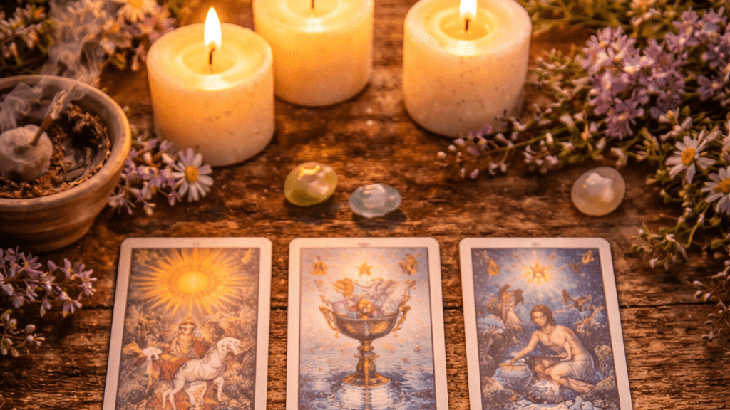 Tarot and candles, evoking: ostara ritual, spring equinox ritual, ostara tarot spread, equinox tarot spread, and an ostara tea ceremony