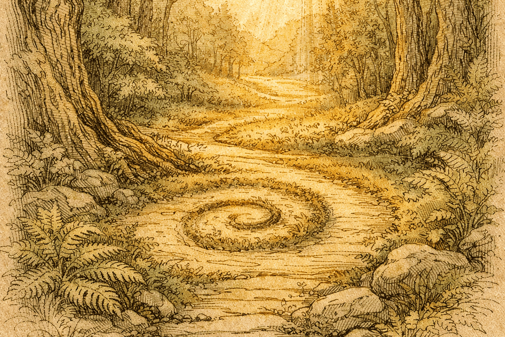 Cycles in Harmony, a spiral path in the forest, evoking: Cycles in Harmony, Cosmology, Natural Cycles, Guidance, and Nature
