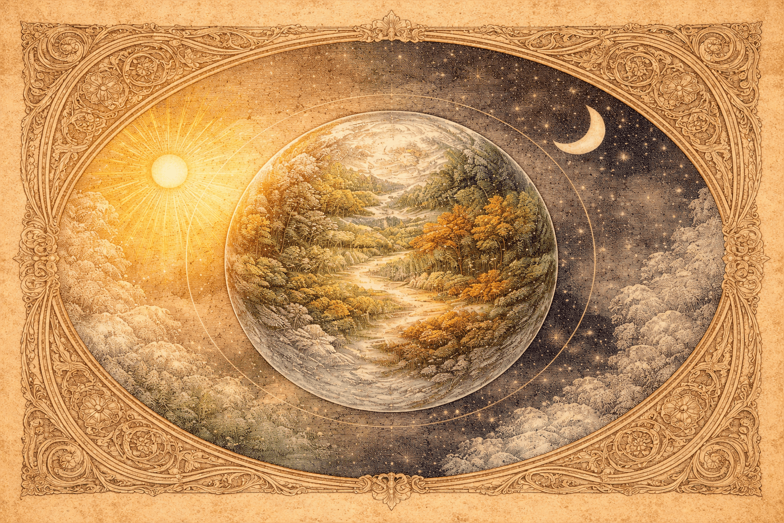 Night and Day, evoking: Cycles in Harmony, Cosmology, Natural Cycles, Guidance, and Nature