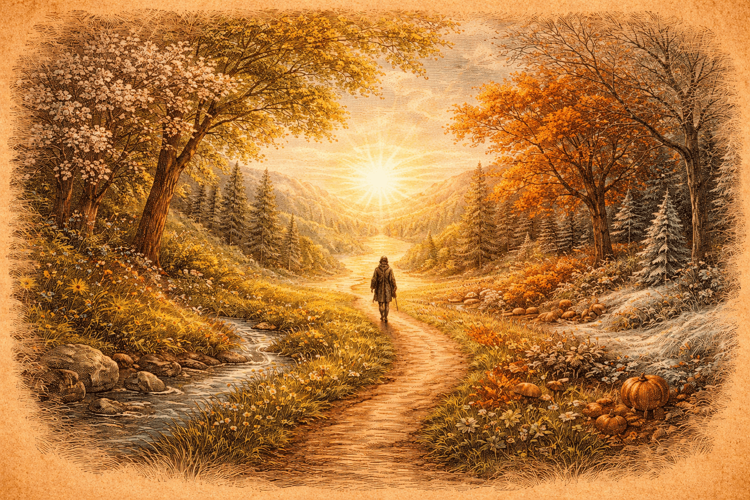Man Walking, evoking: Cycles in Harmony, Cosmology, Natural Cycles, Guidance, and Nature