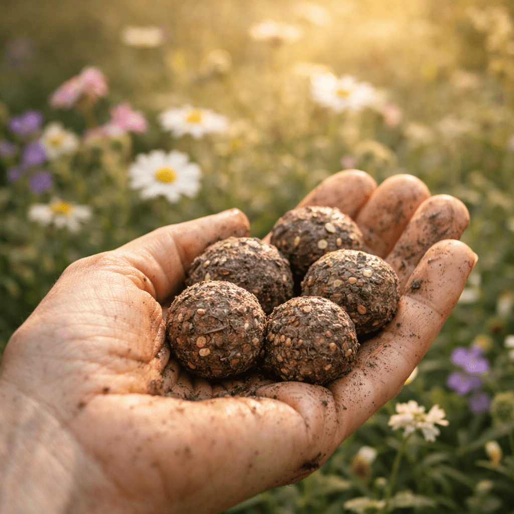 Seed Bombs in Hand, evoking: Ostara, Spring Equinox, seed bombs, spring craft, and pollinator seed bombs