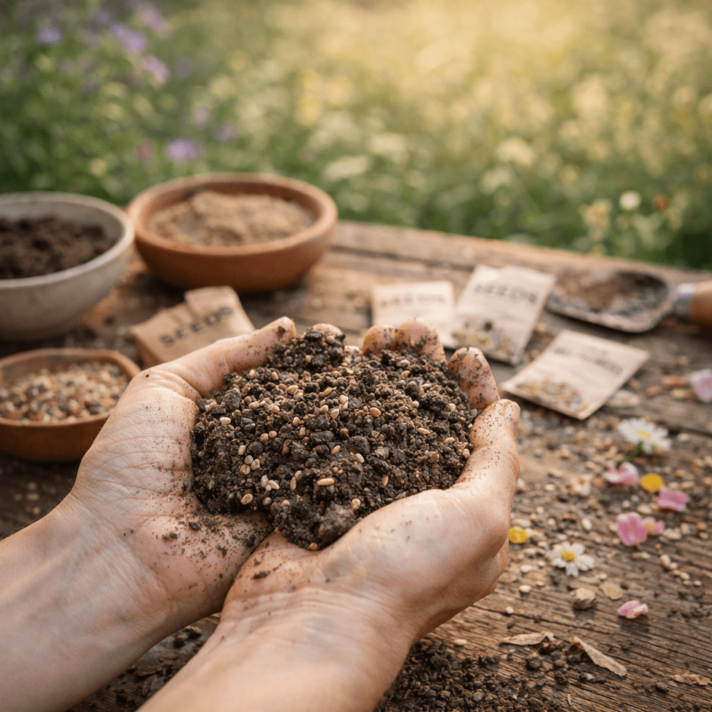 Soil in Hands, evoking: Ostara, Spring Equinox, seed bombs, spring craft, and pollinator seed bombs