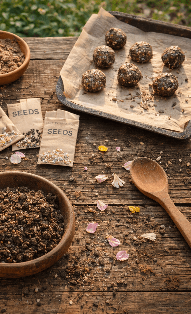 Seed Bomb Prep, evoking: Ostara, Spring Equinox, seed bombs, spring craft, and pollinator seed bombs