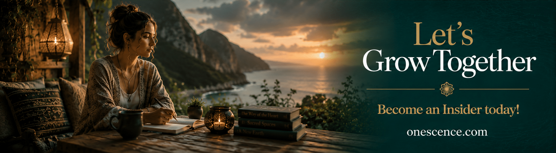 A woman sitting at a wooden table by the coast, writing in a notebook with a beautiful sunset in the background. The scene features decorative lanterns and stacked books, conveying a serene and inspiring atmosphere.
