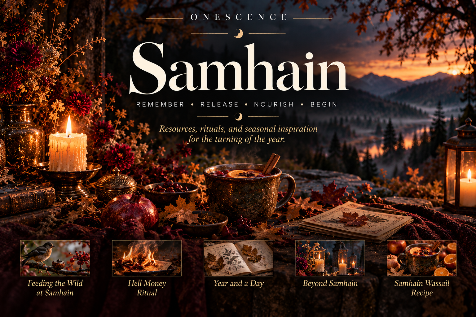 A cozy autumnal scene featuring candles, seasonal decorations, and a steaming mug of warm beverage, set against a backdrop of mountains and fall foliage, promoting Samhain rituals and resources.