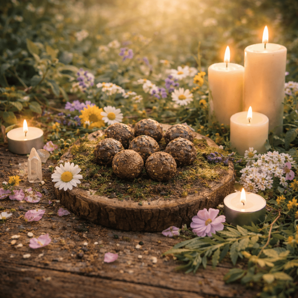 Seed Bomb Altar Outside, evoking: Ostara, Spring Equinox, seed bombs, spring craft, and pollinator seed bombs