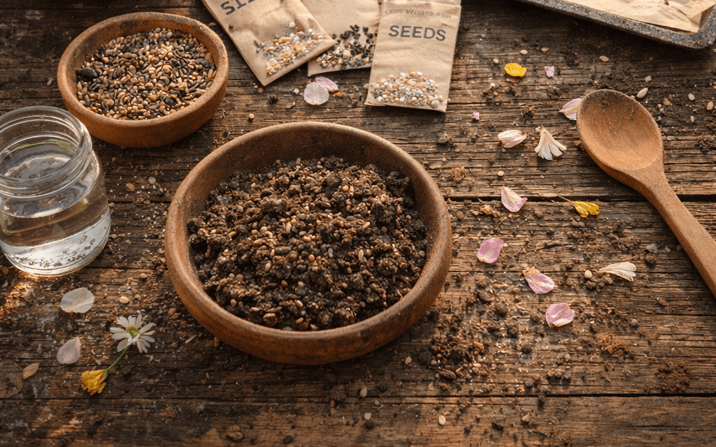 Seed Bomb Prep, evoking: Ostara, Spring Equinox, seed bombs, spring craft, and pollinator seed bombs