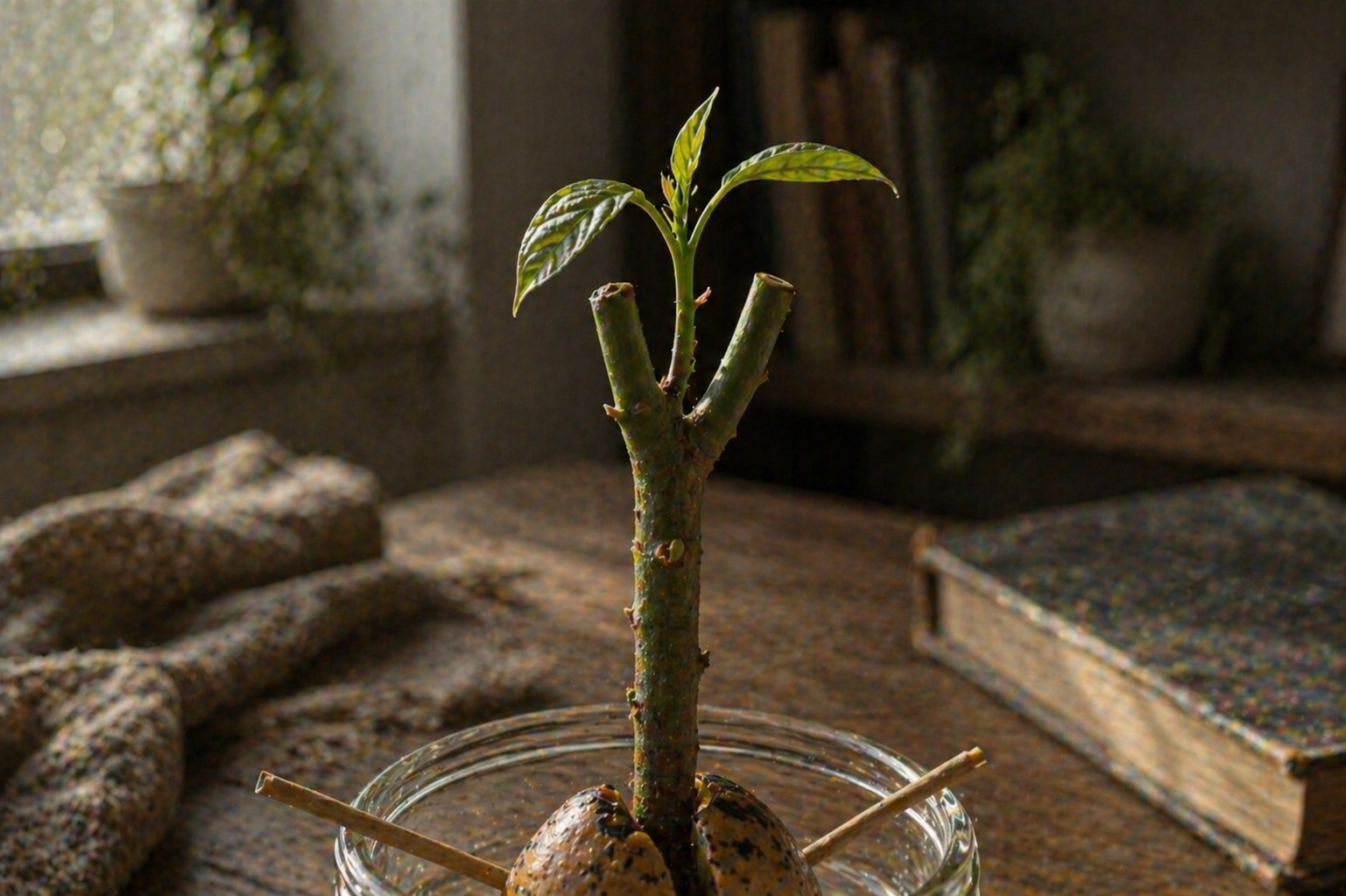 Avocado seedling, illustrating: long term growth mindset, delayed gratification psychology, intrinsic motivation, and personal growth philosophy
