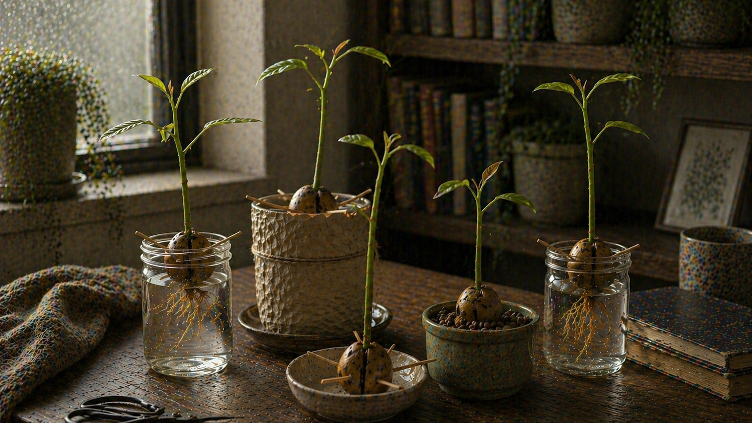 Avocado seedling, illustrating: long term growth mindset, delayed gratification psychology, intrinsic motivation, and personal growth philosophy