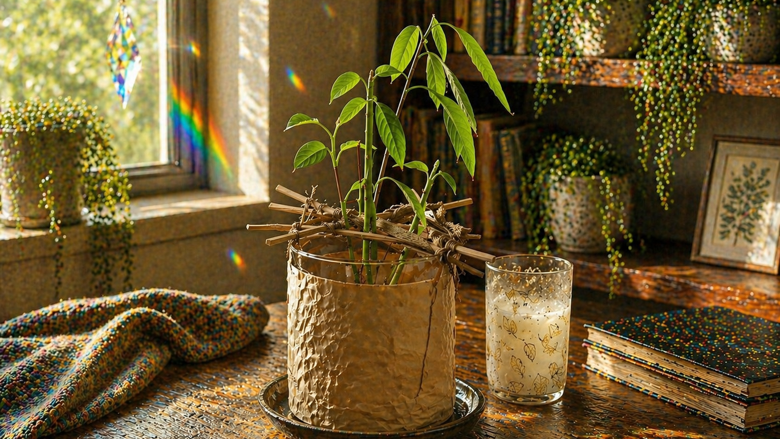 Avocado seedling, illustrating: long term growth mindset, delayed gratification psychology, intrinsic motivation, and personal growth philosophy