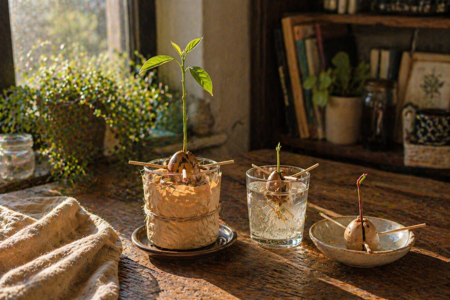 Avocados sprouted, illustrating: long term growth mindset, delayed gratification psychology, intrinsic motivation, and personal growth philosophy