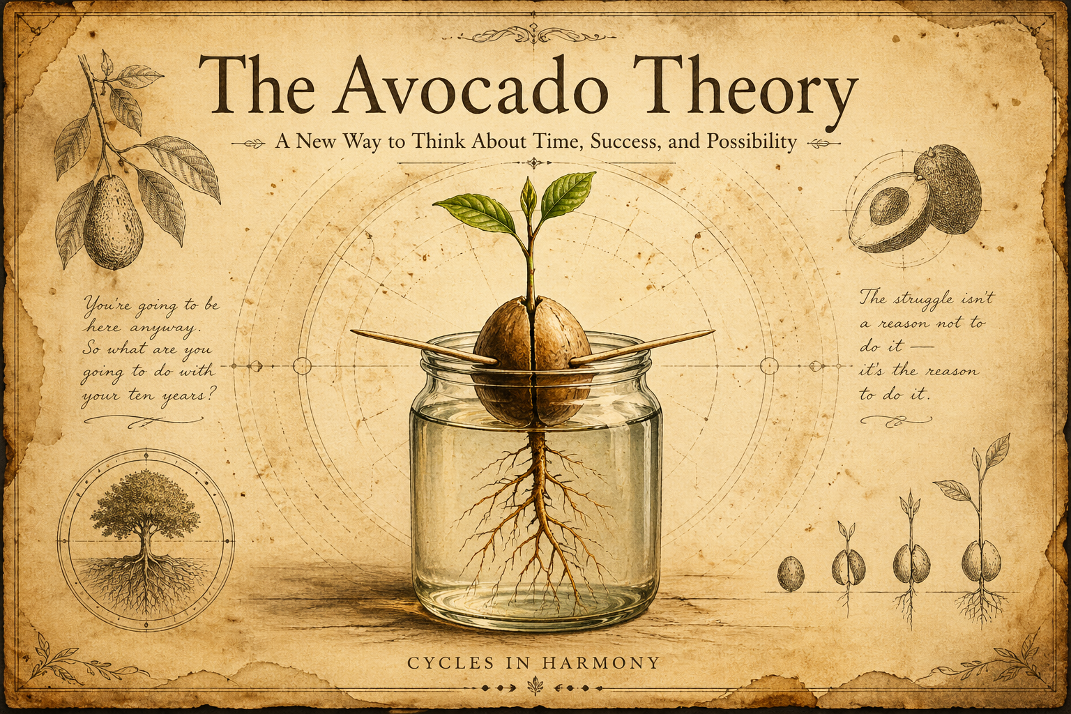 Avocado Theory graphic, illustrating: long term growth mindset, delayed gratification psychology, intrinsic motivation, and personal growth philosophy