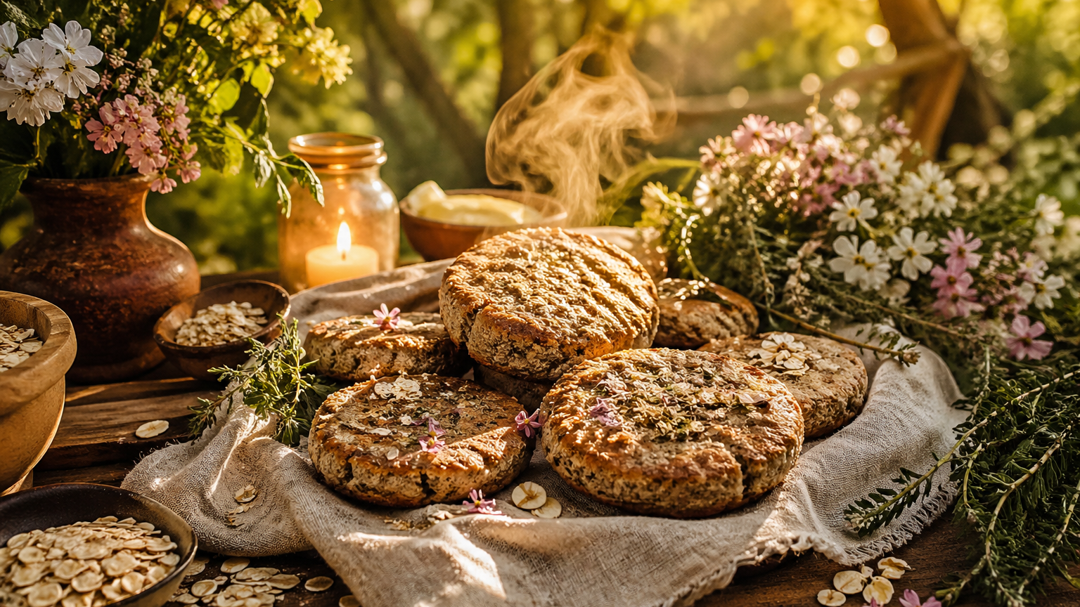 Freshly baked cookies displayed on a rustic table with flowers, oats, and a candle, surrounded by greenery.