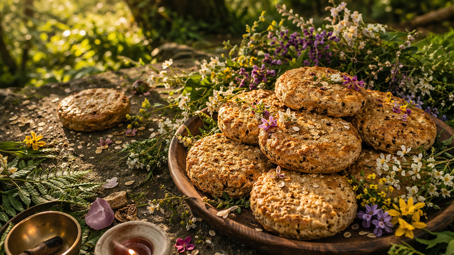 A wooden plate filled with freshly baked oat cookies, decorated with colorful wildflowers, set on a stone surface in a natural outdoor setting.
