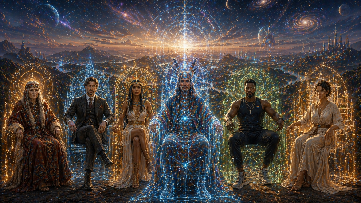 Five individuals seated on ornate thrones, depicted with glowing patterns and cosmic elements in the background, suggesting a connection to mythology and the cosmos.