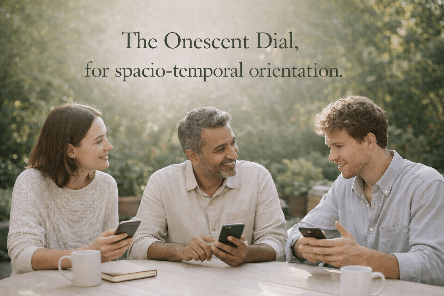 Friends discussing the Onescent Dial, Onesce Wellbeing, Essentials, Onesce Press, Products