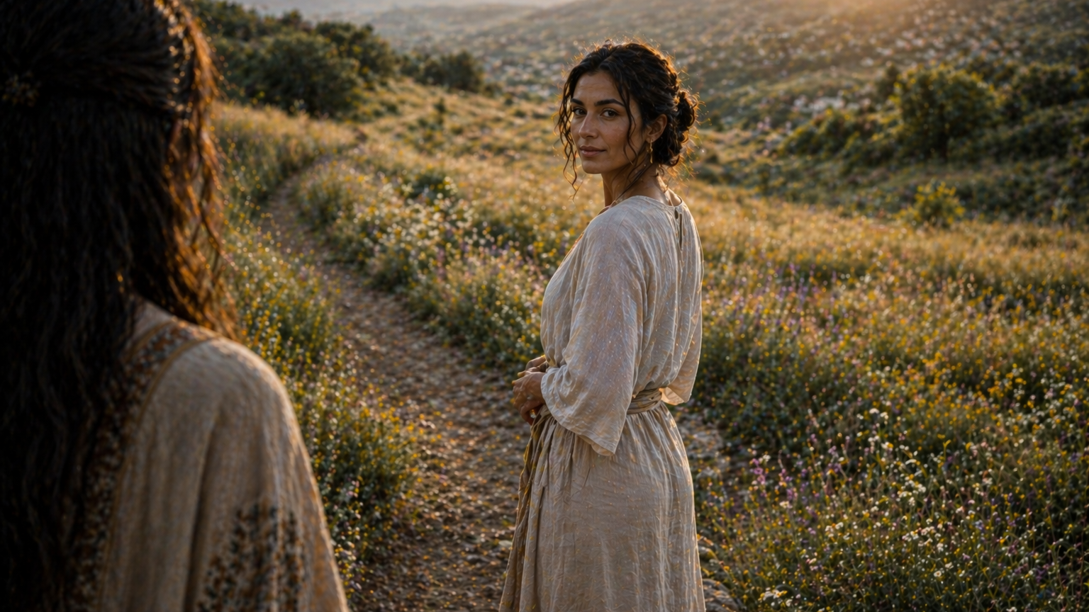 A woman in a soft beige dress stands on a winding path through a flower-filled field, looking over her shoulder with a serene expression as the sun sets in the background.
