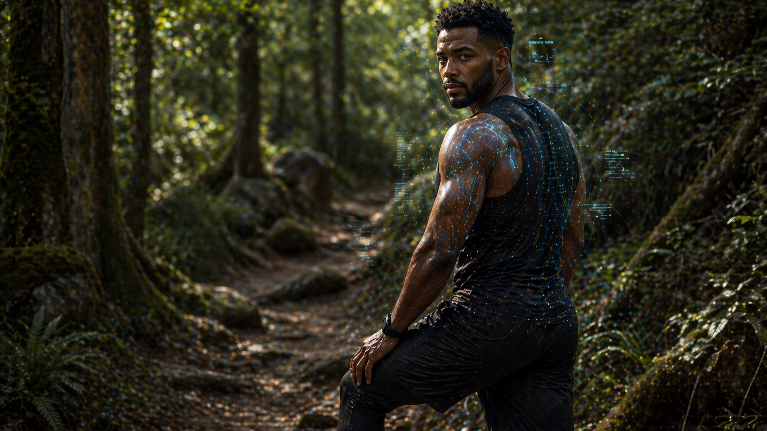 A athletic man wearing a sleeveless shirt and shorts stands on a forest path, looking back over his shoulder with a focused expression. The background features lush greenery and natural light filtering through the trees.