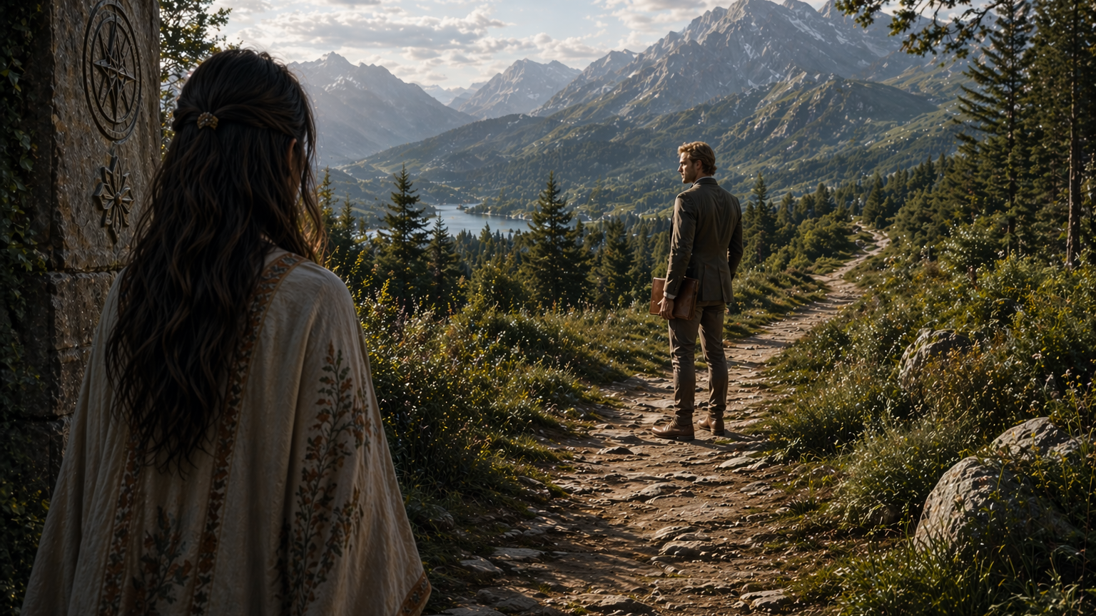 A woman in a flowing garment looks towards a man standing on a rocky path, with a mountainous landscape and a lake in the background. The scene is illuminated by soft sunlight and features lush greenery., illustrating: solar return, identity transformation, spiritual growth, personal evolution, and becoming yourself