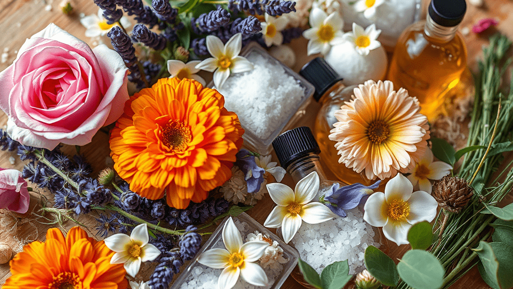 Ingredients for a floral bath or Beltane ritual, including: bath salts, flowers, and oils