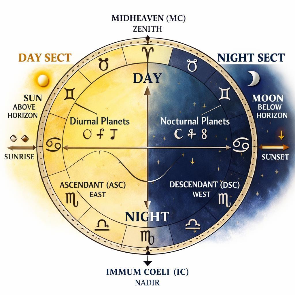 Astrological chart showing day sect with sun above horizon and nocturnal planets, night sect with moon below horizon and diurnal planets, zodiac symbols, and horizon directions.