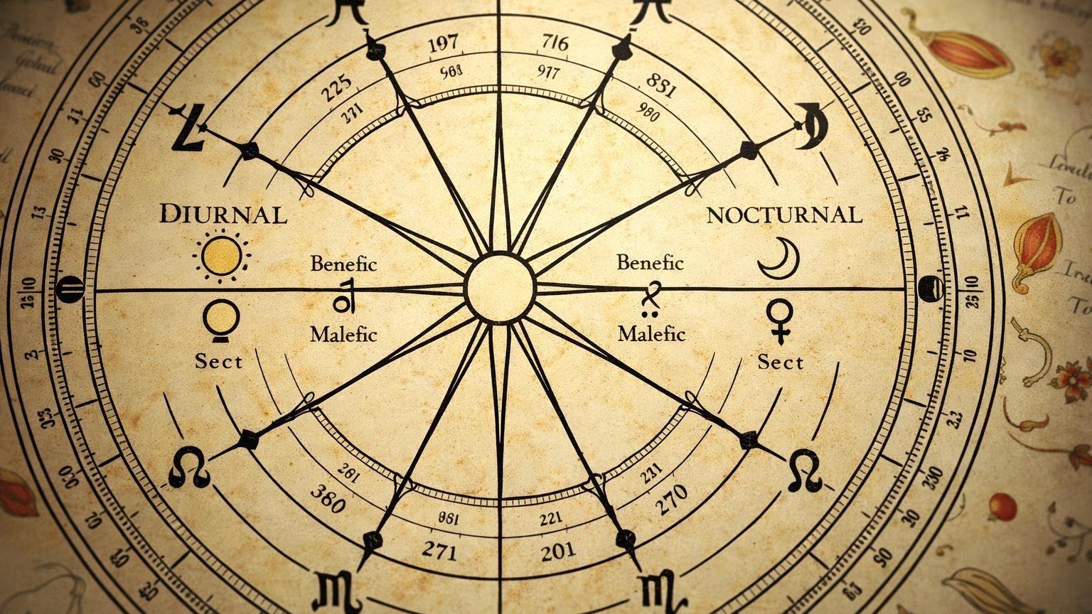 Astrological chart showing diurnal and nocturnal sects with benefic and malefic planets and zodiac symbols