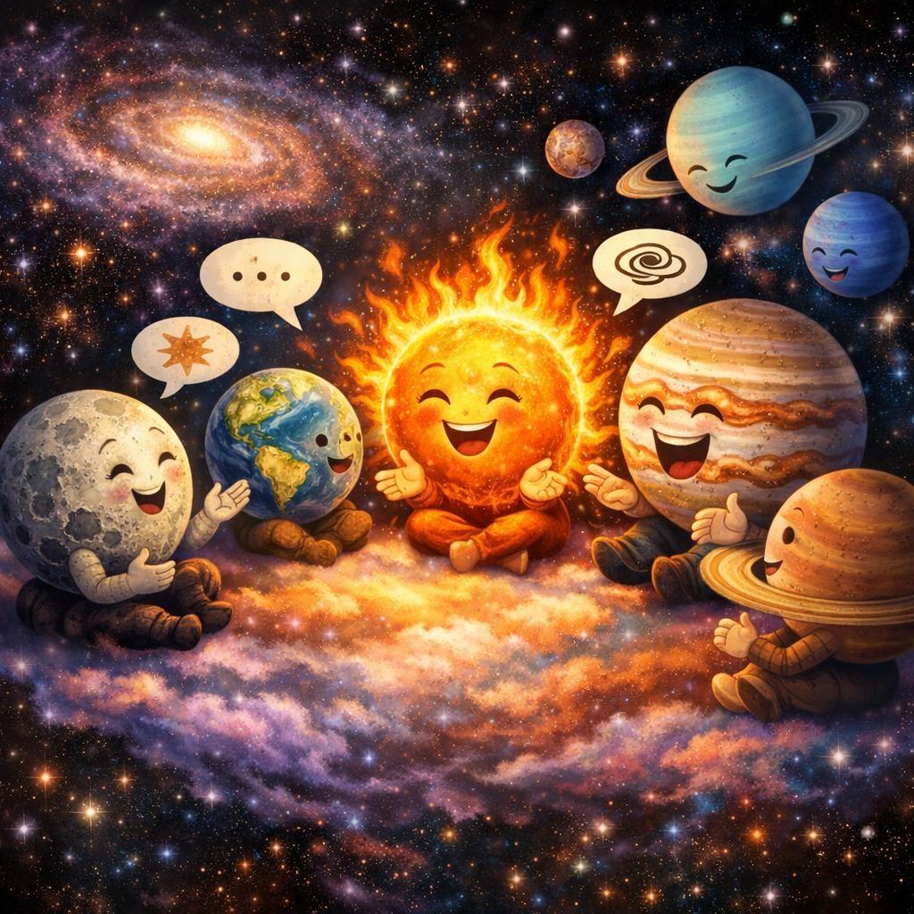 Cartoon sun and planets sitting in a circle chatting with happy faces