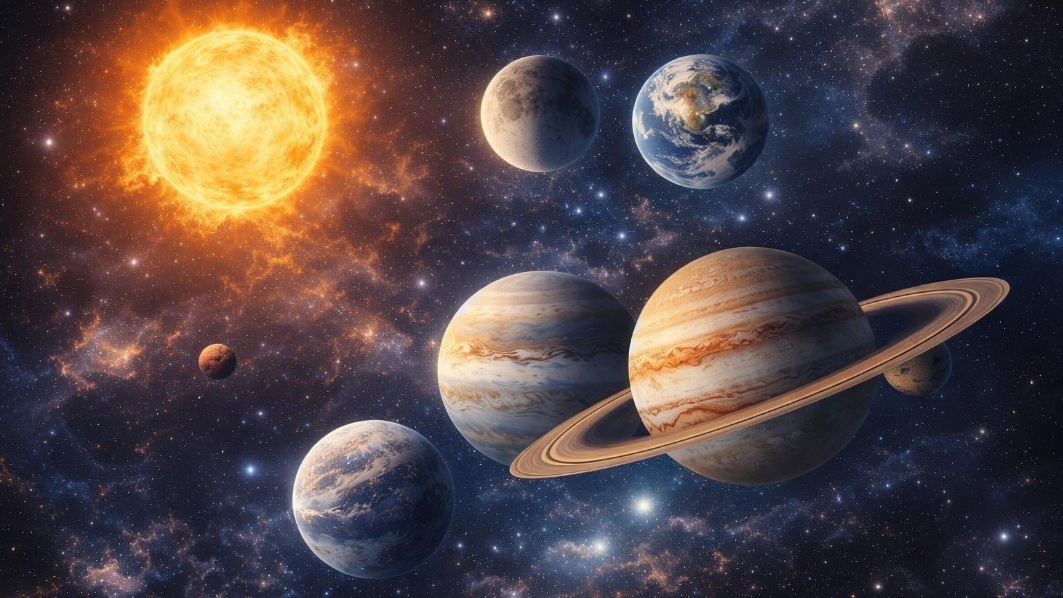 The Sun and several planets from the solar system including Earth, Jupiter, and Saturn