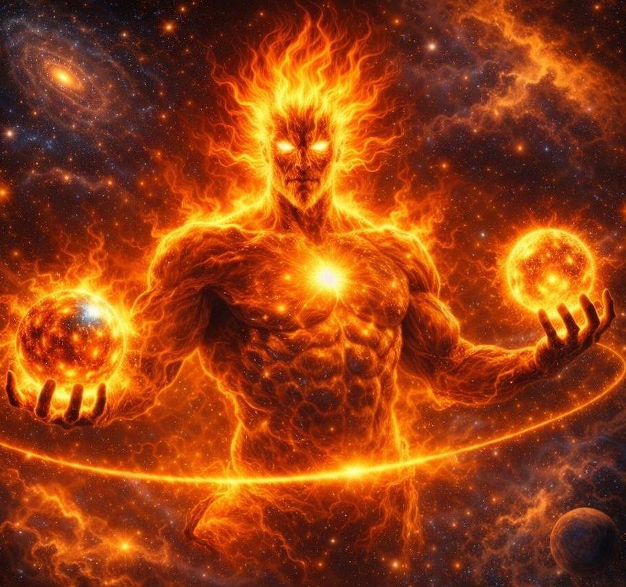 Fiery humanoid figure glowing with flames holding two bright suns with a galaxy background and text Solar Deity