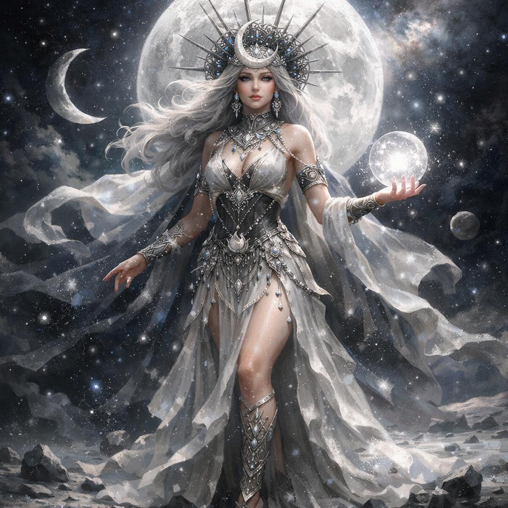 A woman dressed in flowing silver and white garments with ornate metallic armor holds a glowing orb, standing against a starry background with a large full moon and crescent moon behind her