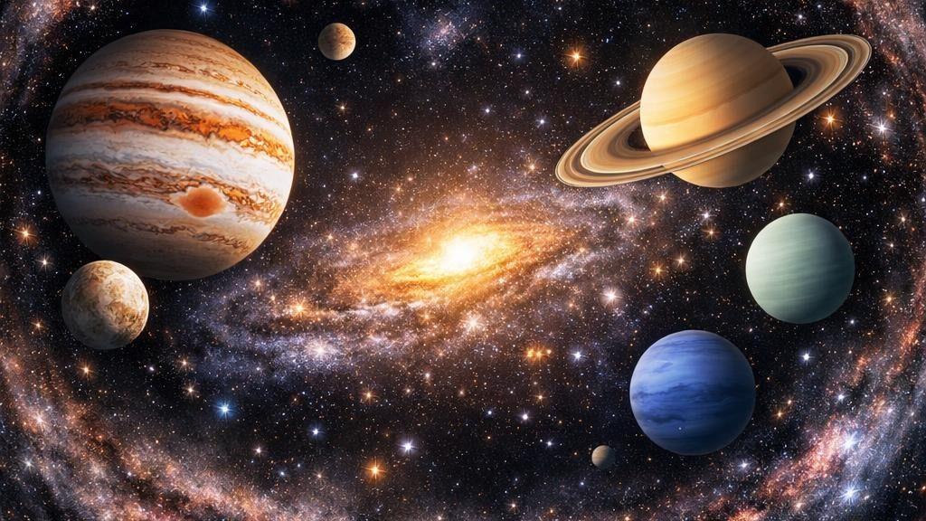Artistic representation of several planets in a galaxy with stars and a bright center