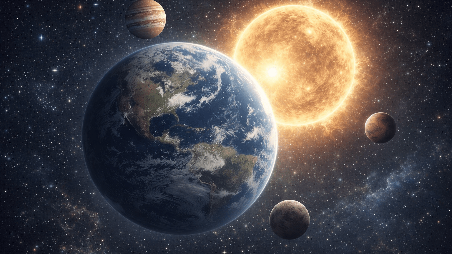 Glowing large planet with smaller moons and circular zodiac symbols