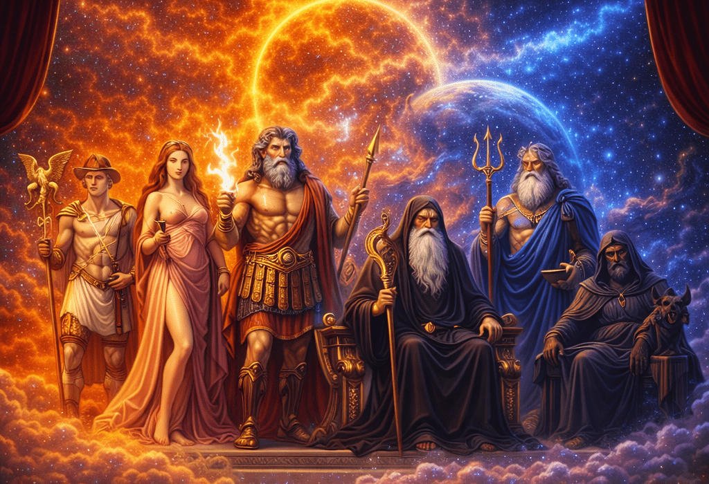 Seven classical planetary gods standing and seated with cosmic background and glowing planets