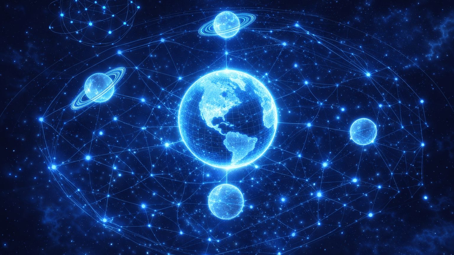 Glowing digital Earth with planets and scientific equations in space